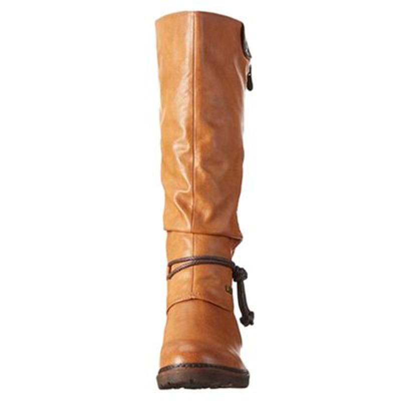 Women Retro Mid Calf Boots - Shoes Knight Warm Boots - Black PU Leather Low Heels (3U38)(3U107)