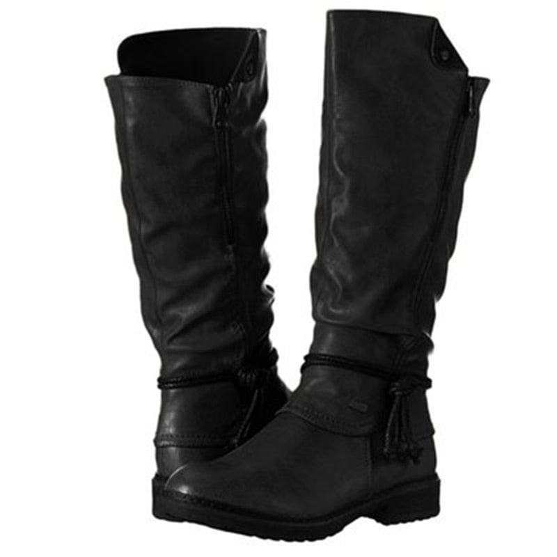 Women Retro Mid Calf Boots - Shoes Knight Warm Boots - Black PU Leather Low Heels (3U38)(3U107)