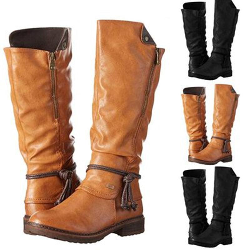 Women Retro Mid Calf Boots - Shoes Knight Warm Boots - Black PU Leather Low Heels (3U38)(3U107)