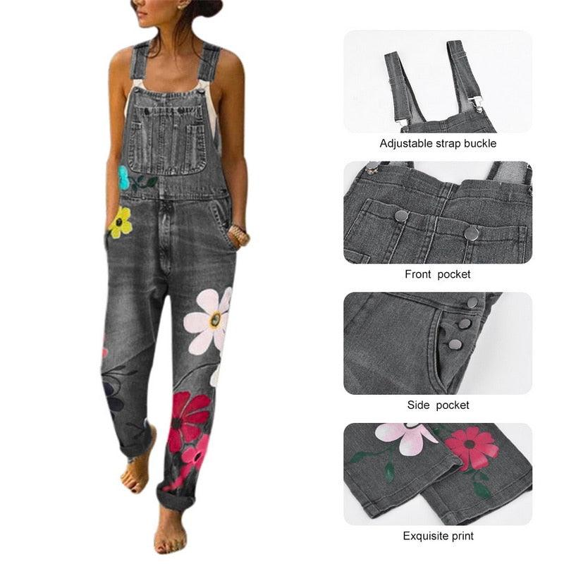Gorgeous Floral Print Women's Jumpsuit Overall - Jeans Sleeveless Casual High Street Romper (TBL1)(F33)