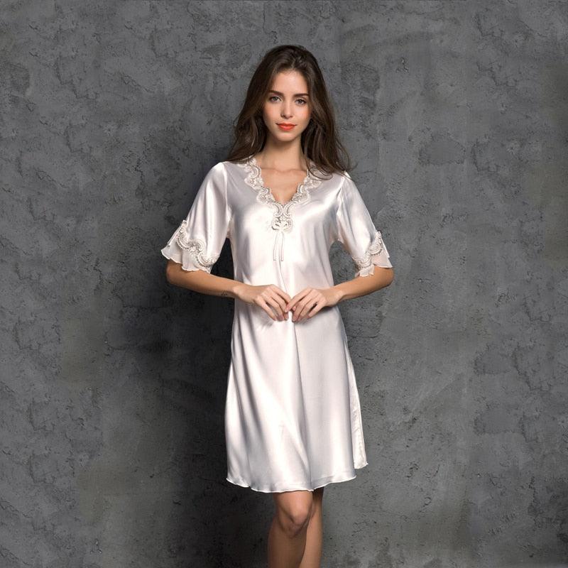 Trending Women Satin Sleepwear - Silk Nightgown Half Sleeve Embroidery Nightdress - Sexy Lingerie - Plus Size (ZP2)(F90)