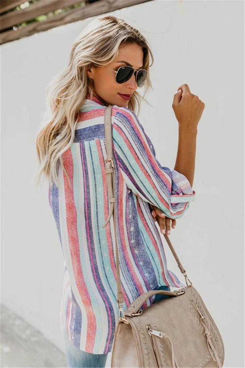 Nice Women Shirt - Striped Button Down Top Blouse - Pockets Stripe - Long Sleeve Casual Streetwear (2U19)