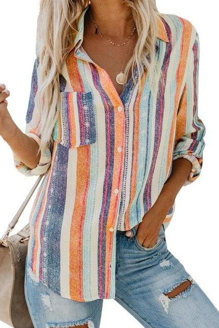 Nice Women Shirt - Striped Button Down Top Blouse - Pockets Stripe - Long Sleeve Casual Streetwear (2U19)