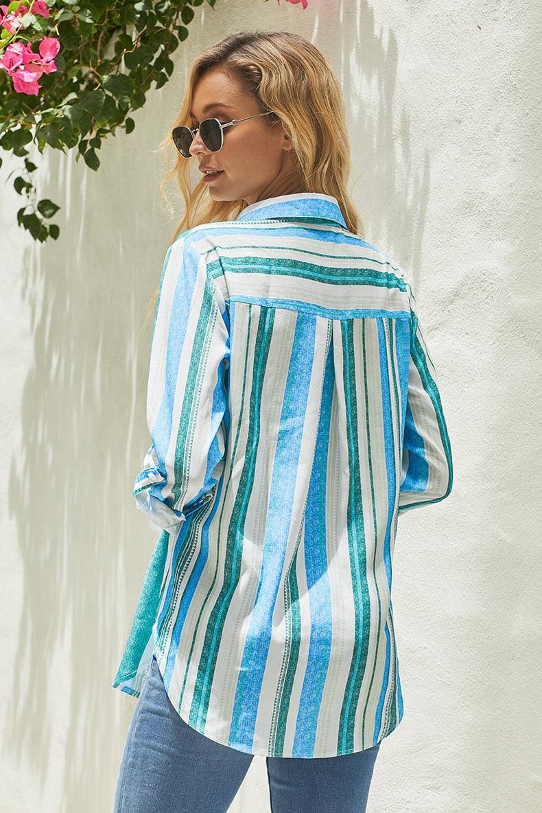 Nice Women Shirt - Striped Button Down Top Blouse - Pockets Stripe - Long Sleeve Casual Streetwear (2U19)