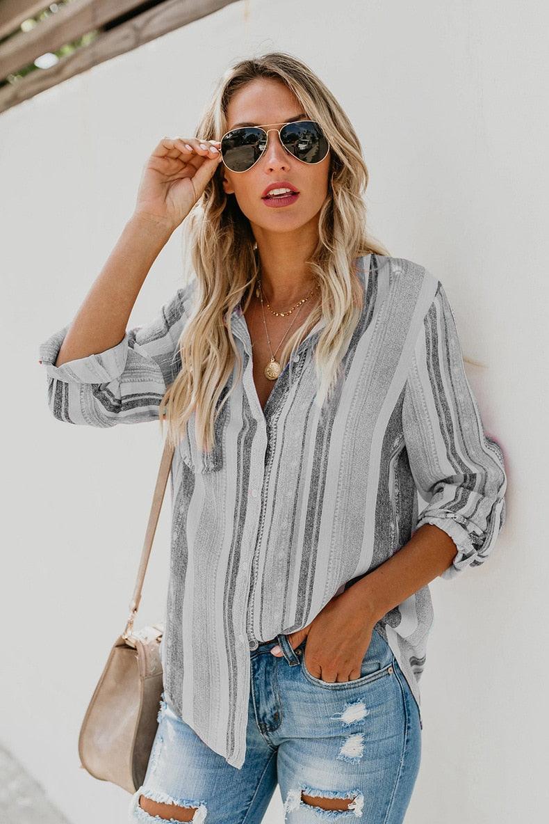 Nice Women Shirt - Striped Button Down Top Blouse - Pockets Stripe - Long Sleeve Casual Streetwear (2U19)