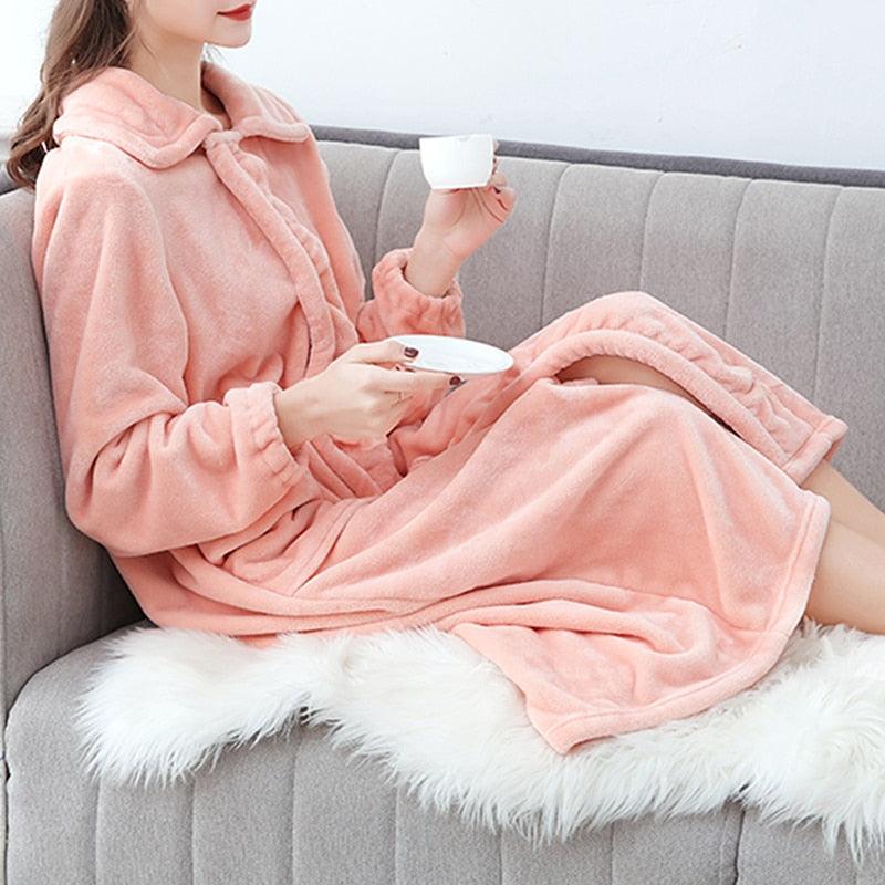 Women Soft Warm Flannel Robe Pajamas - Solid Thicken - Long Bathrobe With Pockets Sleepwear (D90)(ZP4)