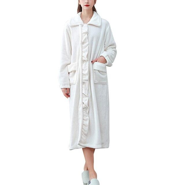 Women Soft Warm Flannel Robe Pajamas - Solid Thicken - Long Bathrobe With Pockets Sleepwear (D90)(ZP4)
