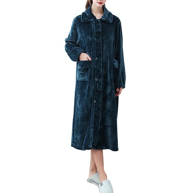Women Soft Warm Flannel Robe Pajamas - Solid Thicken - Long Bathrobe With Pockets Sleepwear (D90)(ZP4)
