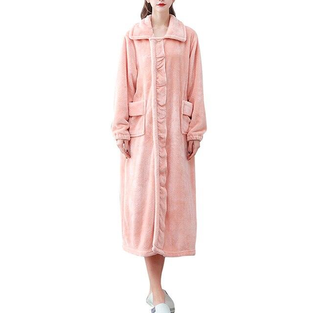 Women Soft Warm Flannel Robe Pajamas - Solid Thicken - Long Bathrobe With Pockets Sleepwear (D90)(ZP4)