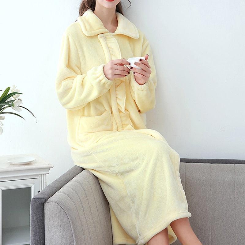 Women Soft Warm Flannel Robe Pajamas - Solid Thicken - Long Bathrobe With Pockets Sleepwear (D90)(ZP4)