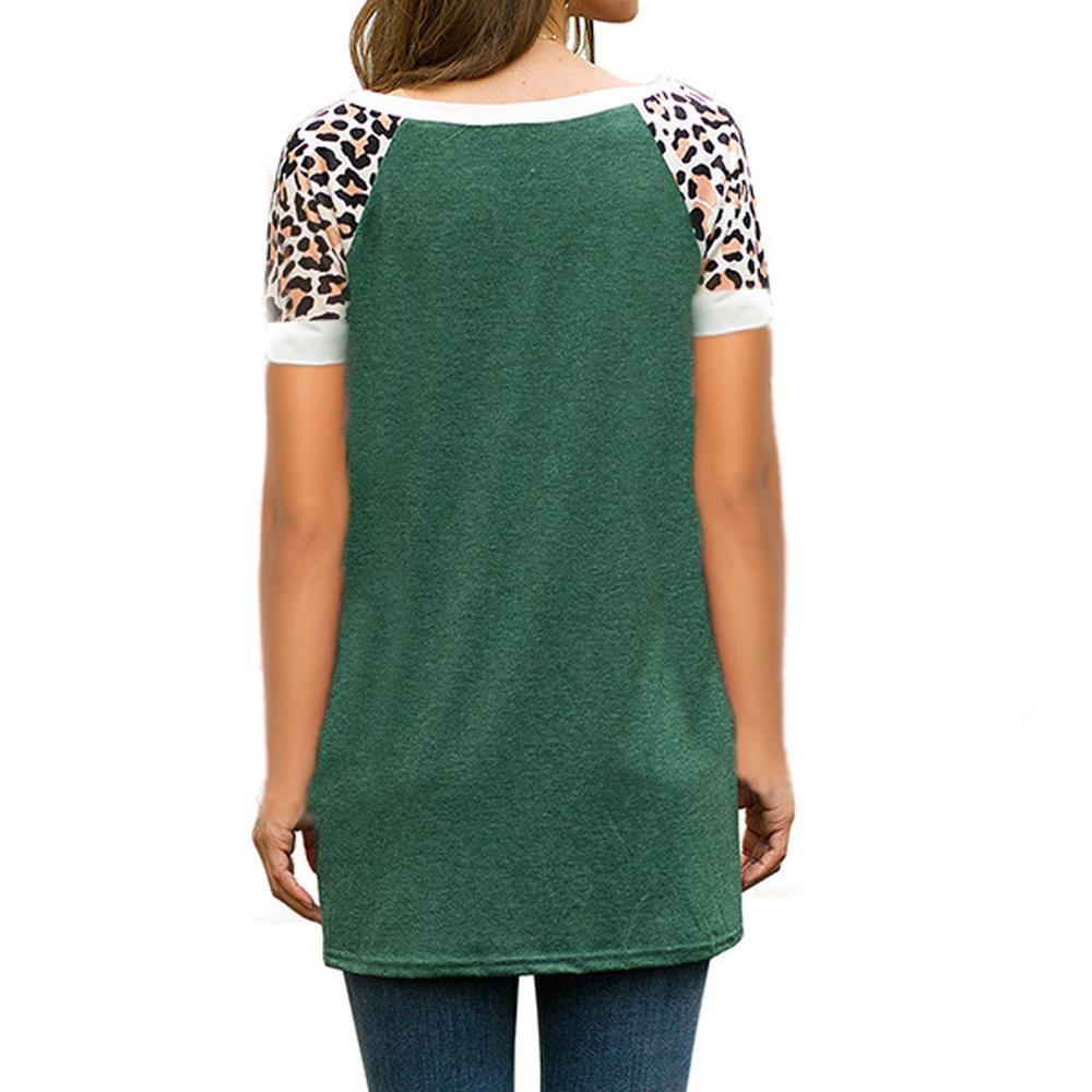 Great Women Summer O-Neck Short Sleeve T shirts - Femme Loose Leopard Splice Top -Plus Size - Long style Tops (D19)(TB2)