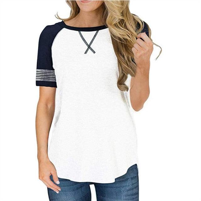 Beautiful Women Summer O-Neck Short Sleeve Thin T shirts - Lady Loose Splice Stripe - Plus Size Embroidery Pattern Tops (TB2)(F19)