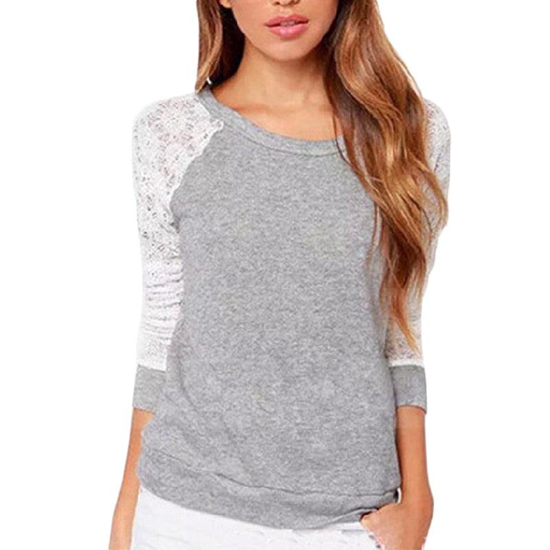 Amazing Women Summer Spring Autumn Fashion T Shirt - Lace Sleeves Patchwork Hoodies Backless Tops (TB2)