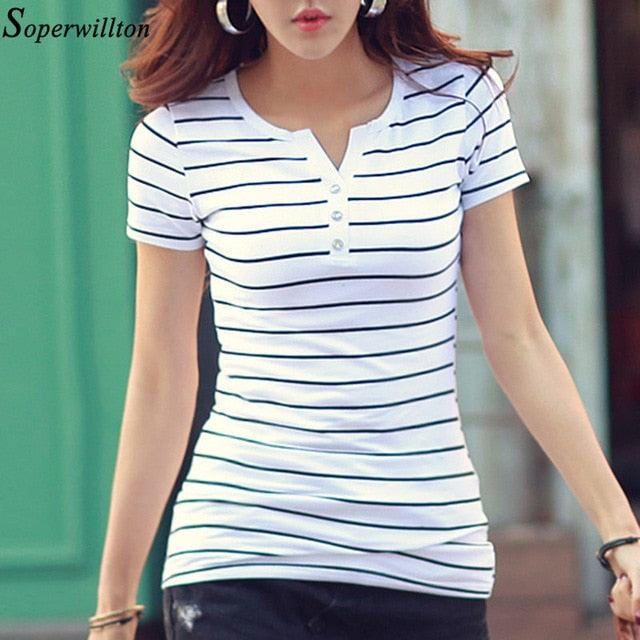 Women T-Shirt - Cotton Short Long Sleeve Lady T Shirt - Striped Summer, Spring, Autumn Female Fashion Top - Plus Size (TB2)