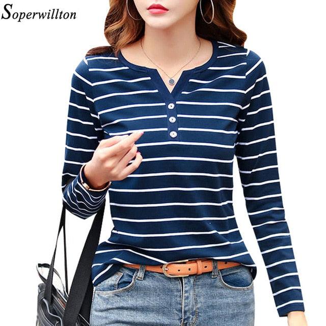 Women T-Shirt - Cotton Short Long Sleeve Lady T Shirt - Striped Summer, Spring, Autumn Female Fashion Top - Plus Size (TB2)