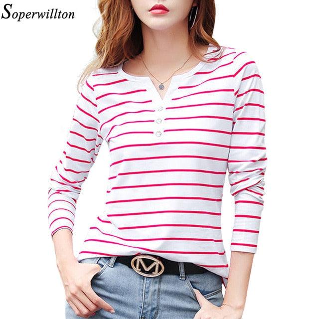 Women T-Shirt - Cotton Short Long Sleeve Lady T Shirt - Striped Summer, Spring, Autumn Female Fashion Top - Plus Size (TB2)