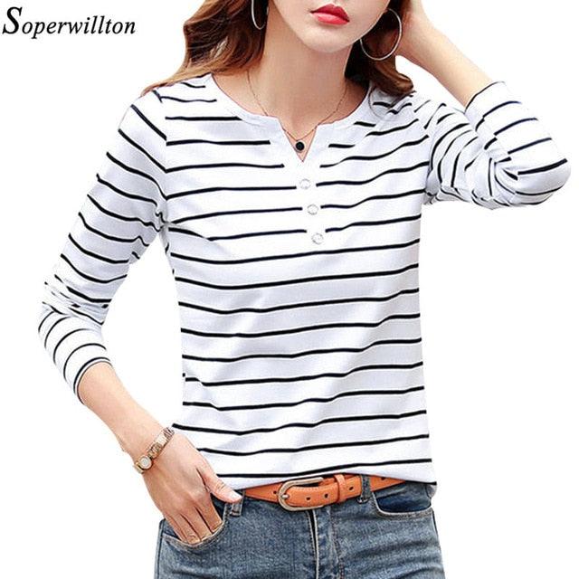 Women T-Shirt - Cotton Short Long Sleeve Lady T Shirt - Striped Summer, Spring, Autumn Female Fashion Top - Plus Size (TB2)