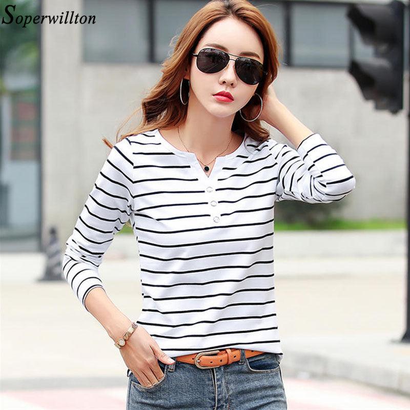 Women T-Shirt - Cotton Short Long Sleeve Lady T Shirt - Striped Summer, Spring, Autumn Female Fashion Top - Plus Size (TB2)