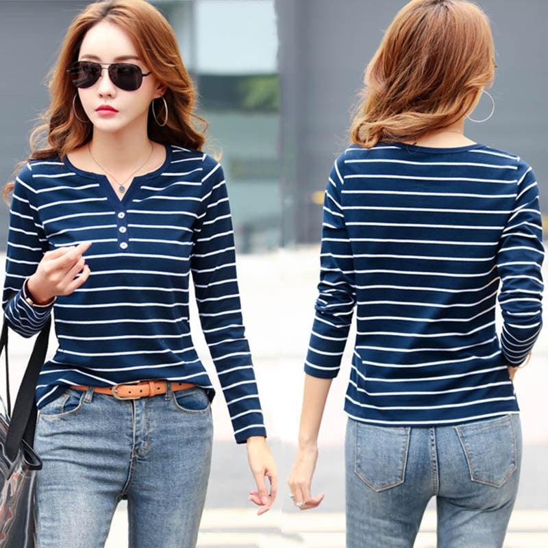 Women T-Shirt - Cotton Short Long Sleeve Lady T Shirt - Striped Summer, Spring, Autumn Female Fashion Top - Plus Size (TB2)