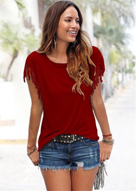 Women's Clothing Cotton Tassel Casual T Shirt - Sleeveless Solid Color Short Sleeve O-neck Tops - Plus Size 5XL 8 (TB2)(TB3)