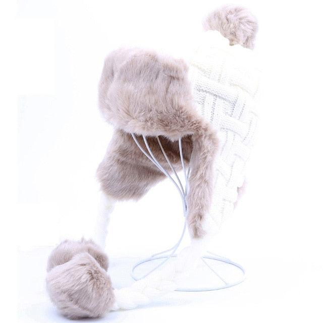 Women's Trapper Hats - Winter Warm Faux Fox Fur Bomber Beanies - Wool Knit Earflaps (WH7)(F87)