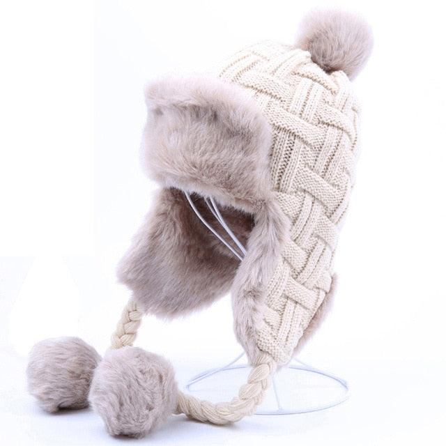 Women's Trapper Hats - Winter Warm Faux Fox Fur Bomber Beanies - Wool Knit Earflaps (WH7)(F87)