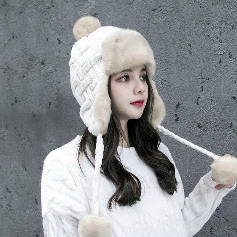 Women's Trapper Hats - Winter Warm Faux Fox Fur Bomber Beanies - Wool Knit Earflaps (WH7)(F87)