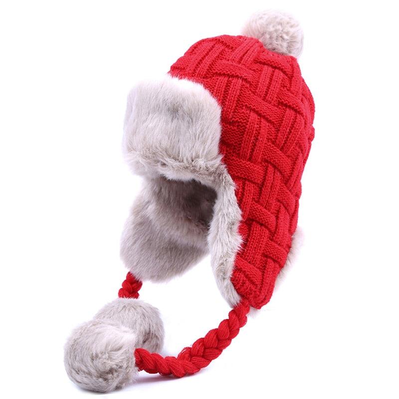 Women's Trapper Hats - Winter Warm Faux Fox Fur Bomber Beanies - Wool Knit Earflaps (WH7)(F87)