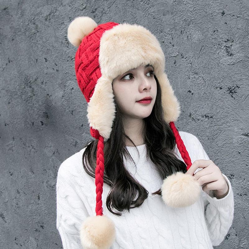 Women's Trapper Hats - Winter Warm Faux Fox Fur Bomber Beanies - Wool Knit Earflaps (WH7)(F87)