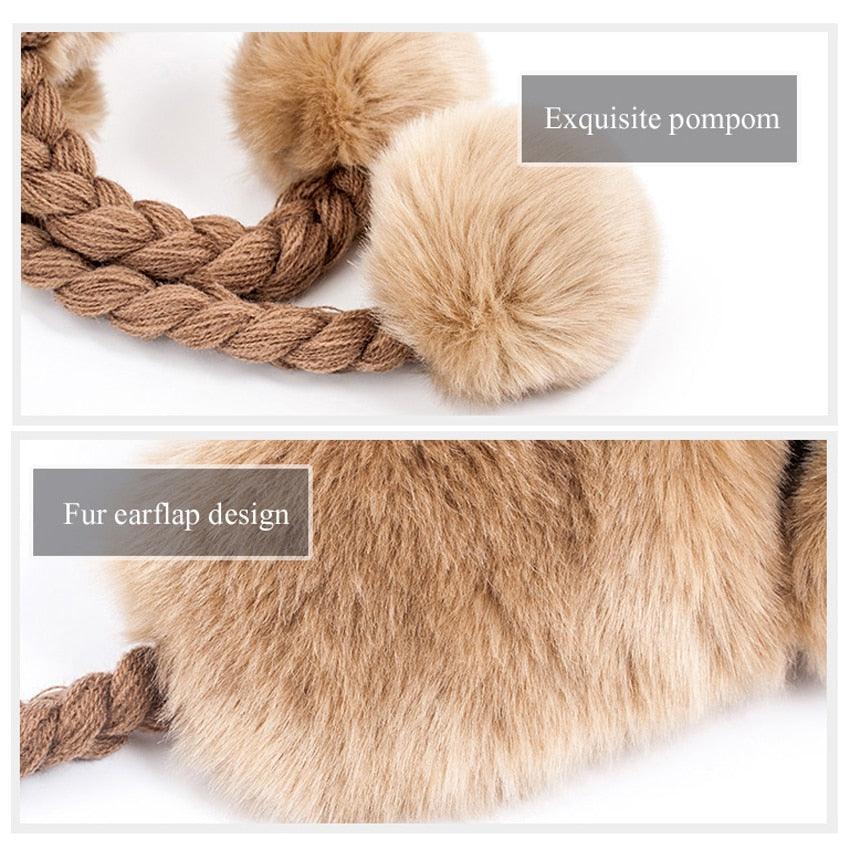 Women's Trapper Hats - Winter Warm Faux Fox Fur Bomber Beanies - Wool Knit Earflaps (WH7)(F87)