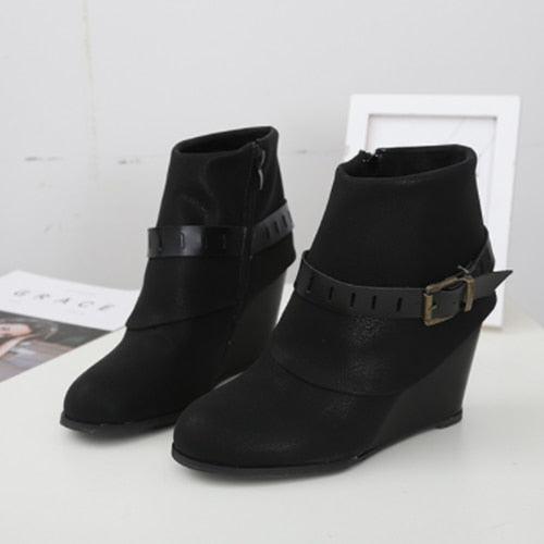 Women Wedges Ankle Boots - Fashion Zipper Belt Buckle Footwear (2U38)(2U107)(2U36)
