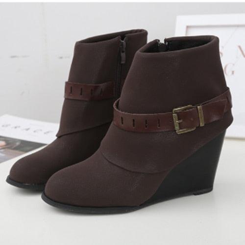 Women Wedges Ankle Boots - Fashion Zipper Belt Buckle Footwear (2U38)(2U107)(2U36)
