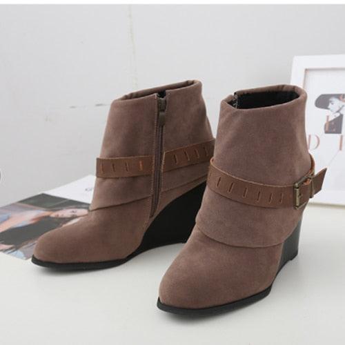 Women Wedges Ankle Boots - Fashion Zipper Belt Buckle Footwear (2U38)(2U107)(2U36)