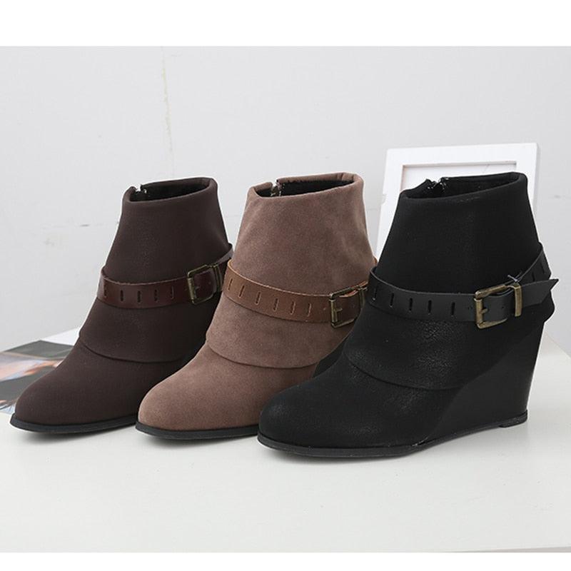 Women Wedges Ankle Boots - Fashion Zipper Belt Buckle Footwear (2U38)(2U107)(2U36)