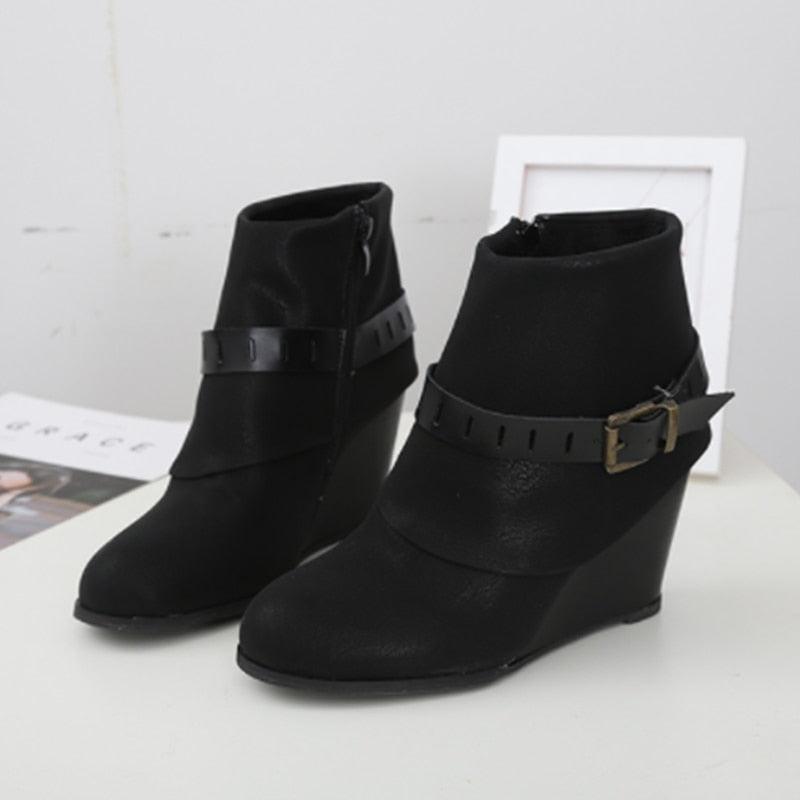 Women Wedges Ankle Boots - Fashion Zipper Belt Buckle Footwear (2U38)(2U107)(2U36)