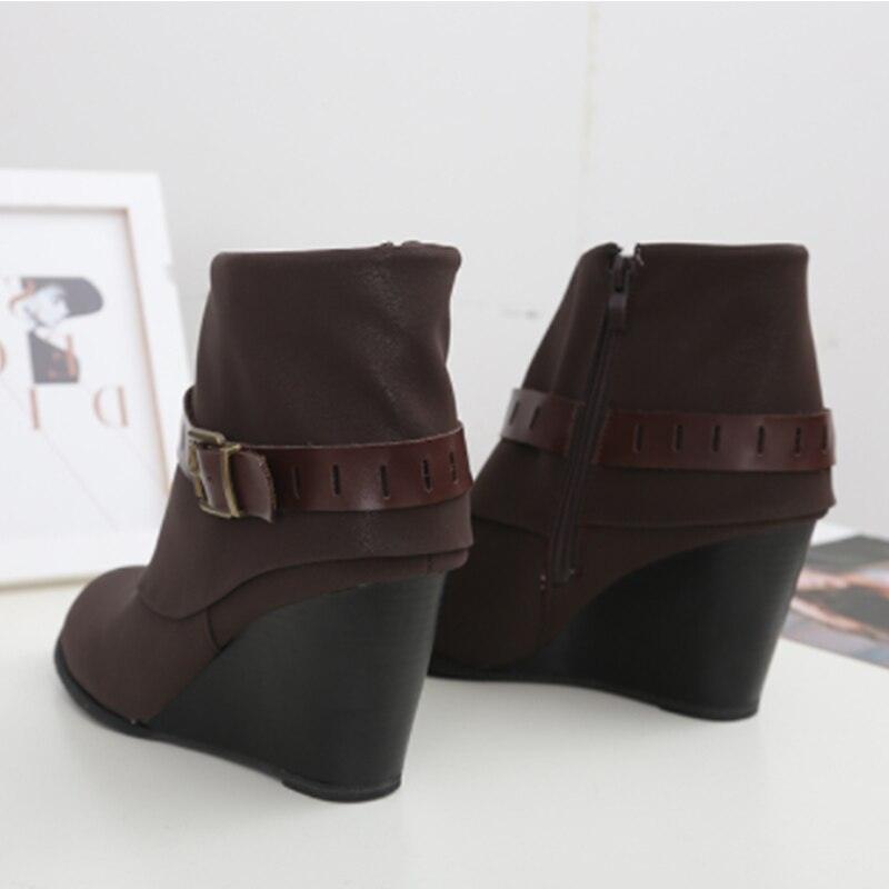 Women Wedges Ankle Boots - Fashion Zipper Belt Buckle Footwear (2U38)(2U107)(2U36)