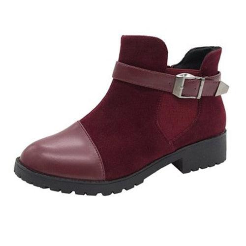 Women's Ankle Boots - Warm Female Fashion Belt Buckle Low Heel Boots (3U38)(3U107)(3U42)