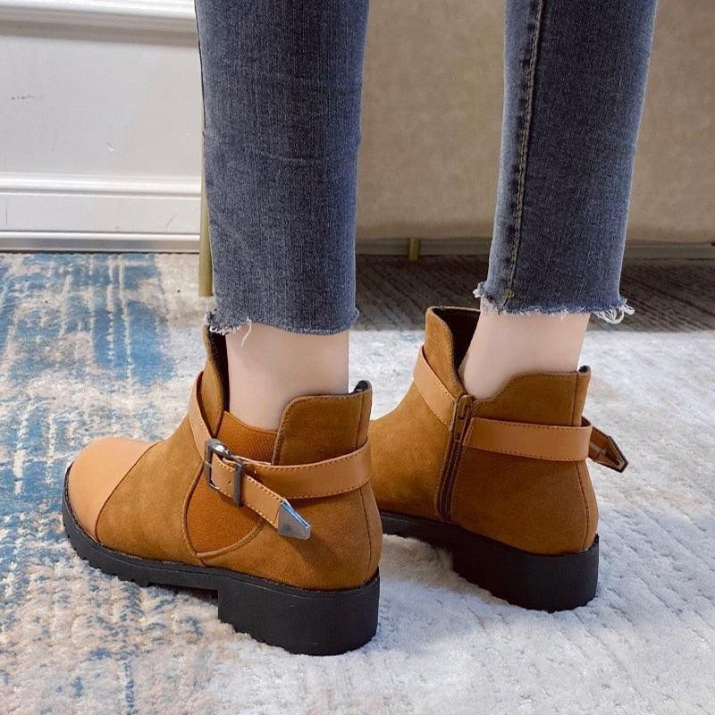 Women's Ankle Boots - Warm Female Fashion Belt Buckle Low Heel Boots (3U38)(3U107)(3U42)