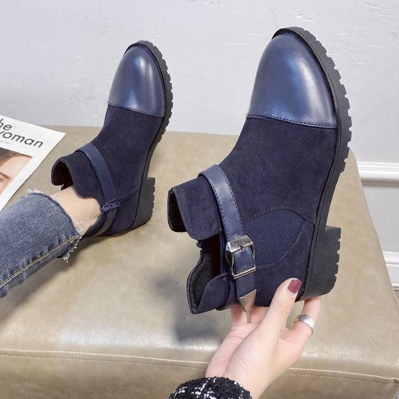 Women's Ankle Boots - Warm Female Fashion Belt Buckle Low Heel Boots (3U38)(3U107)(3U42)