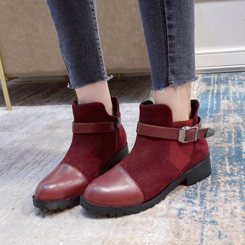 Women's Ankle Boots - Warm Female Fashion Belt Buckle Low Heel Boots (3U38)(3U107)(3U42)