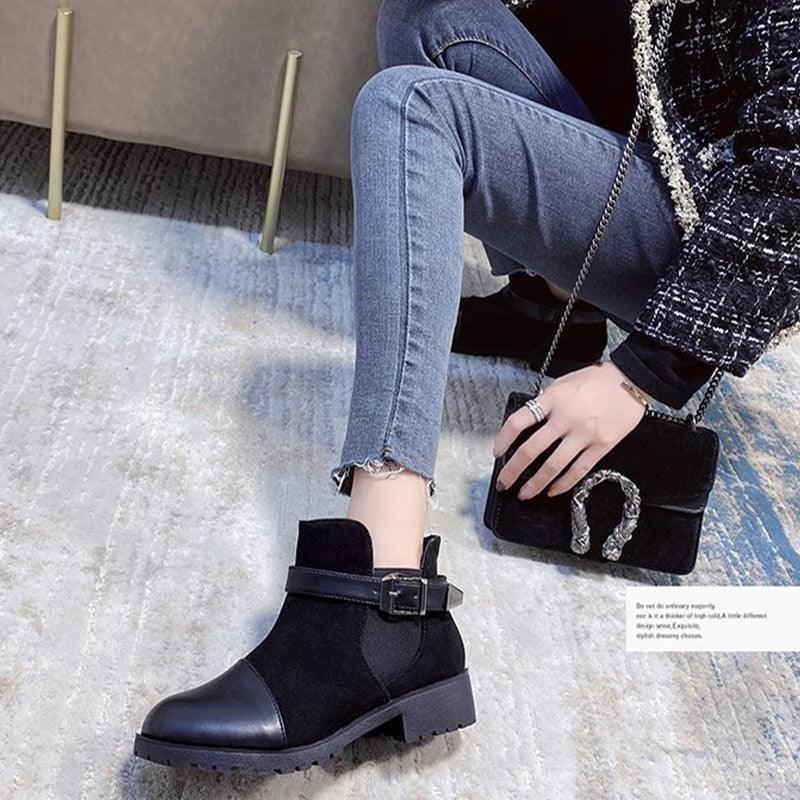 Women's Ankle Boots - Warm Female Fashion Belt Buckle Low Heel Boots (3U38)(3U107)(3U42)