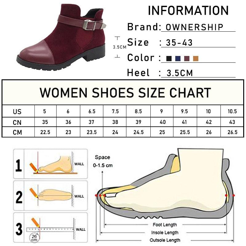 Women's Ankle Boots - Warm Female Fashion Belt Buckle Low Heel Boots (3U38)(3U107)(3U42)