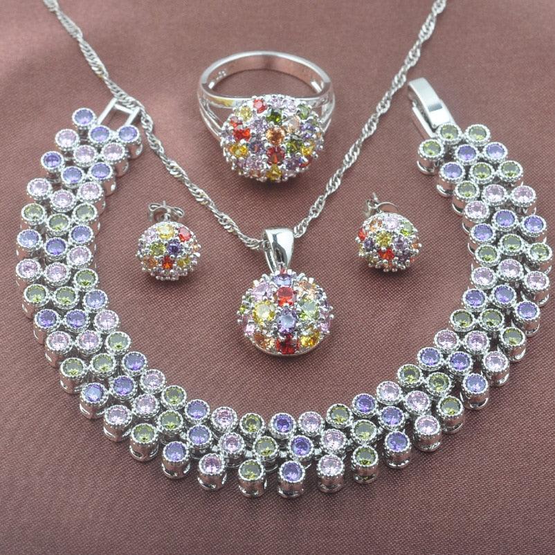 Gorgeous Women's Birthstone Jewelry Set - Multicolor Zirconia Silver Color (3JW)(4JW)(F81)