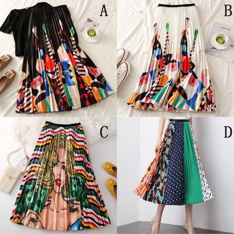 Amazing Women's Cartoon Print Pleated Skirt - High Waist Slim Skirts - Young Girl Summer Clothes (3U22)