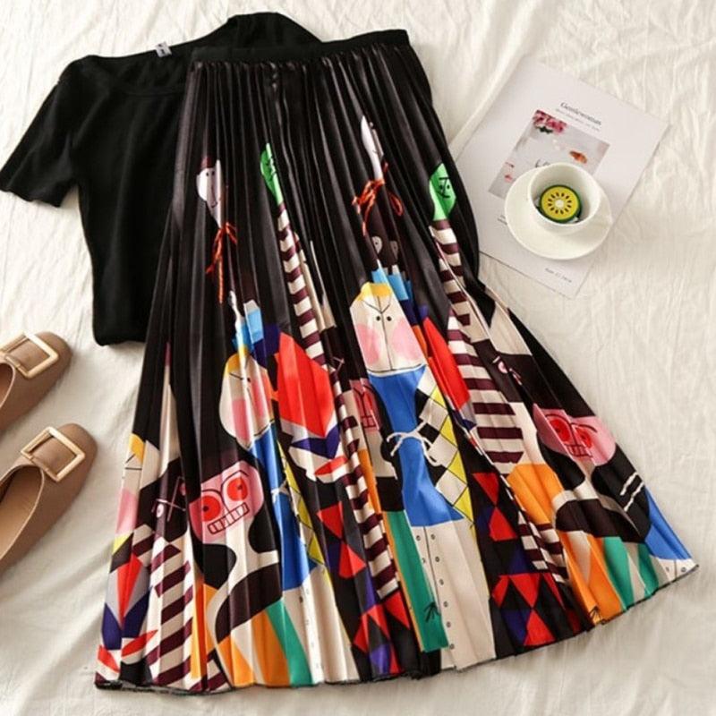 Amazing Women's Cartoon Print Pleated Skirt - High Waist Slim Skirts - Young Girl Summer Clothes (3U22)