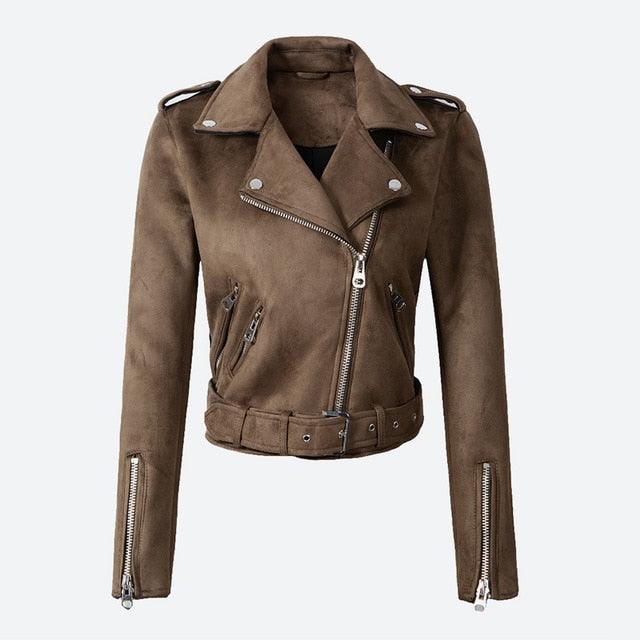 Women's Faux PU Leather Suede Short Jacket - Zipper Women Motorcycle Coat - Fashion Biker Jackets (D23)(TB8B)