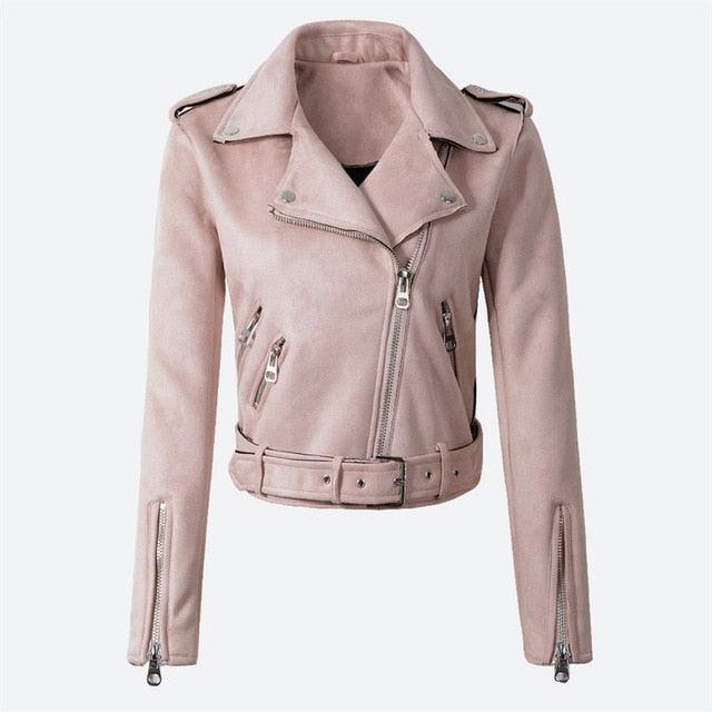 Women's Faux PU Leather Suede Short Jacket - Zipper Women Motorcycle Coat - Fashion Biker Jackets (D23)(TB8B)
