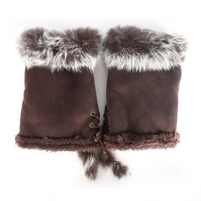 Women's Faux Rabbit Fur Hand Wrist Warmer Half Finger Gloves - Winter Glove - 13 Colors (3U87)