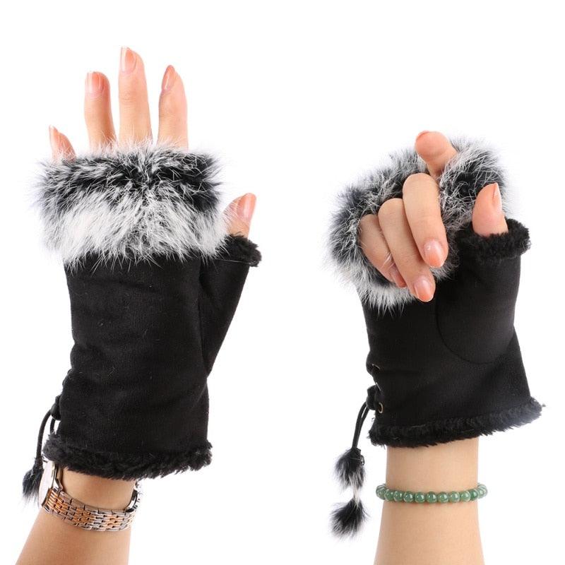 Women's Faux Rabbit Fur Hand Wrist Warmer Half Finger Gloves - Winter Glove - 13 Colors (3U87)