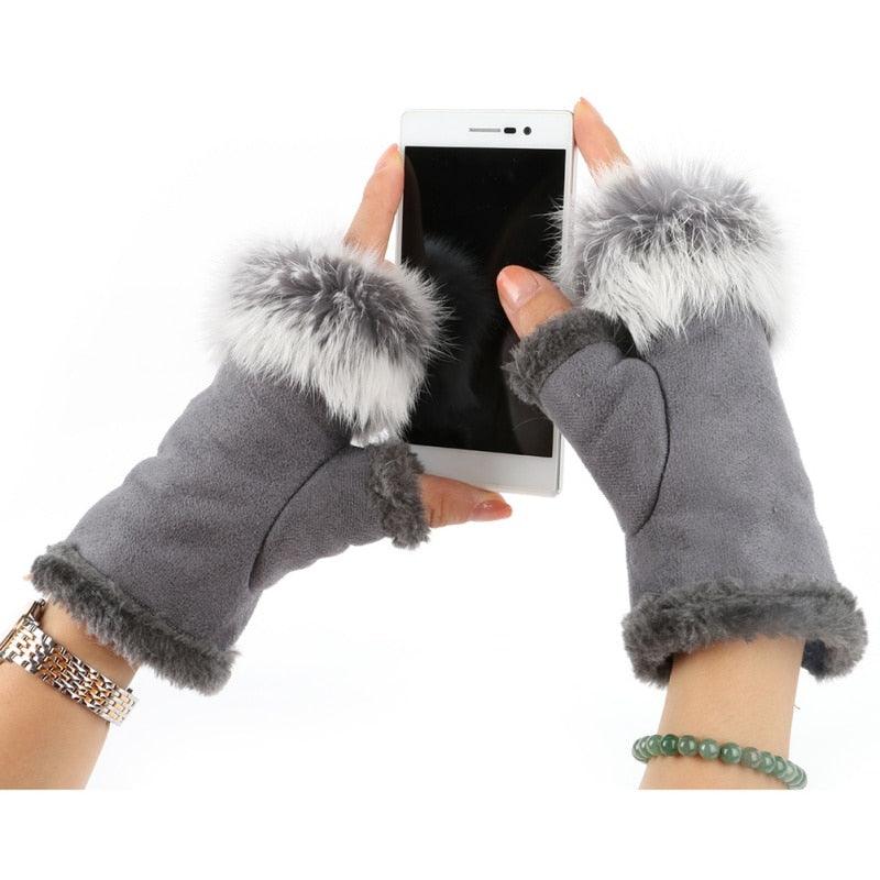 Women's Faux Rabbit Fur Hand Wrist Warmer Half Finger Gloves - Winter Glove - 13 Colors (3U87)